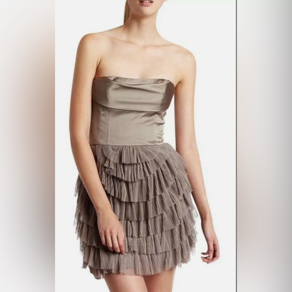 BCBGMaxAzria Strapless Taupe Ruffle Bustier Dress 6 Formal Cocktail